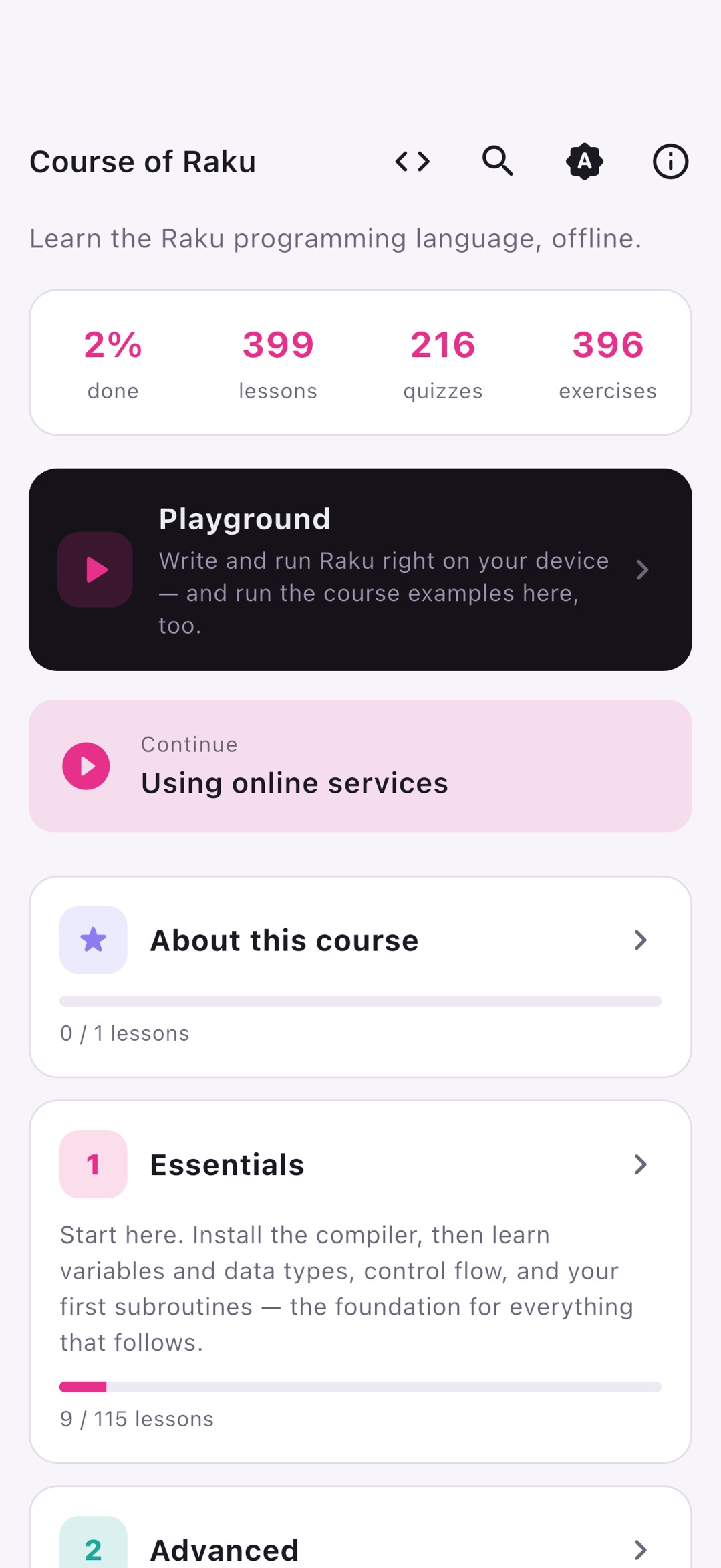 Learn Raku — home screen with the Playground