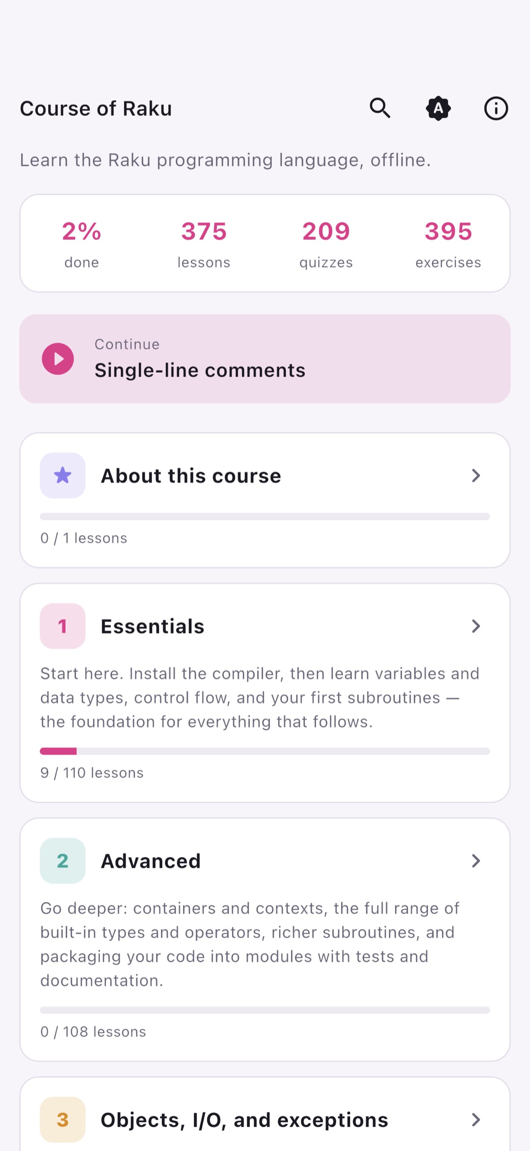 Learn Raku — home screen