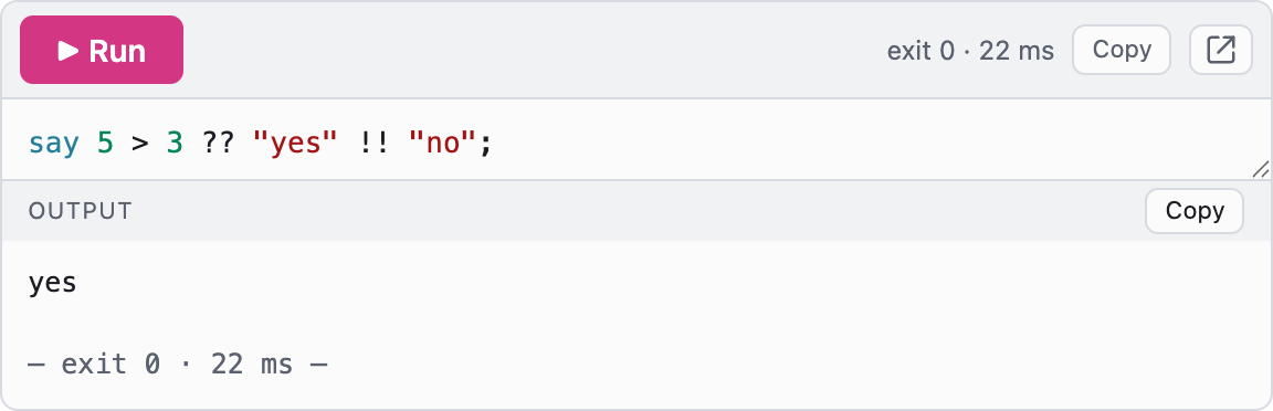 An embedded runnable Raku code block showing the ternary operator and its output