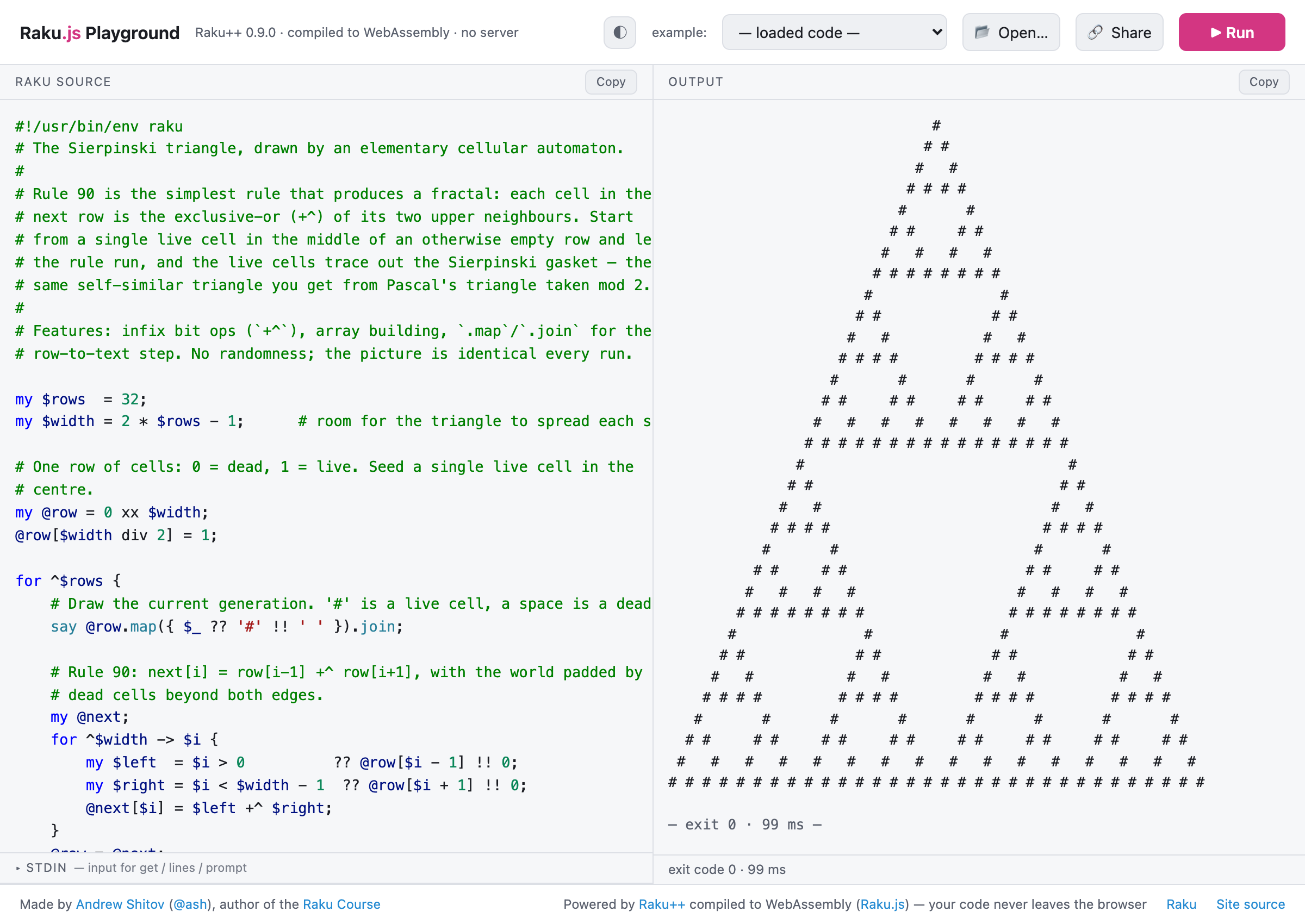 A Raku program loaded in the raku.online playground — source code on the left, its output on the right